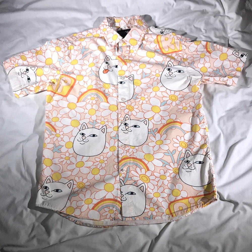 RIPNDIP Men’s Short Sleeve Kitty Print Peach Yellow & Blue Button Down Shirt